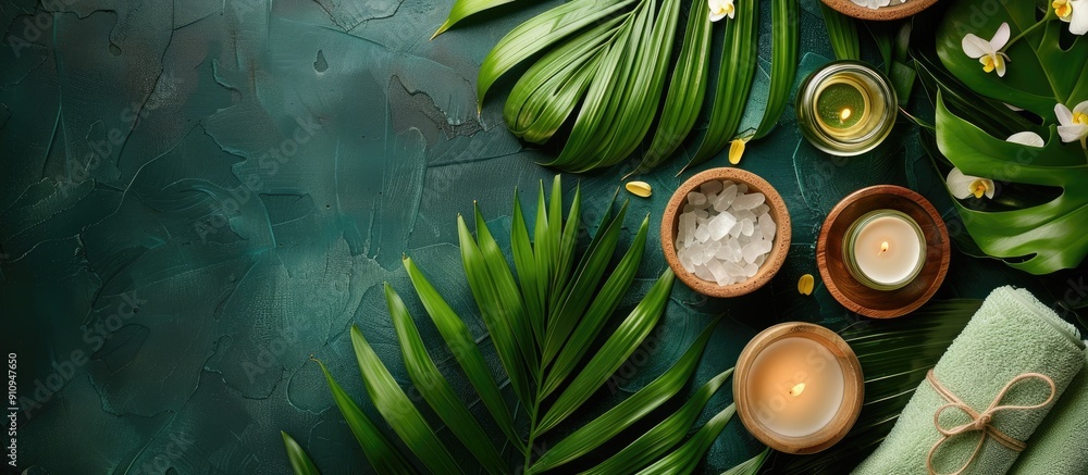 Aufkleber Spa themed elements displayed on a backdrop of banana leaf with copy space image