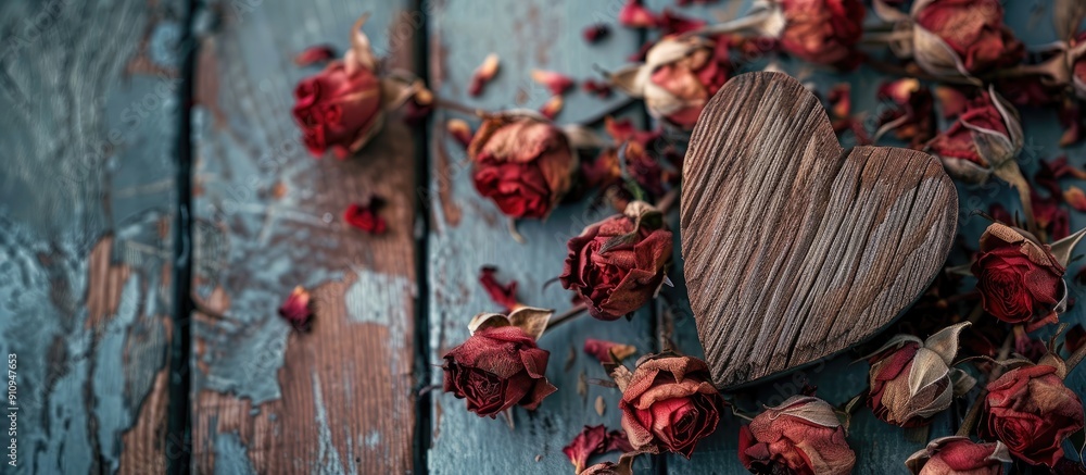 Poster Heart shaped wooden decor alongside dried red roses a rustic display with copy space image