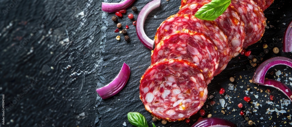 Aufkleber A macro shot of fresh salami slices with onions on a black board perfect for a copy space image