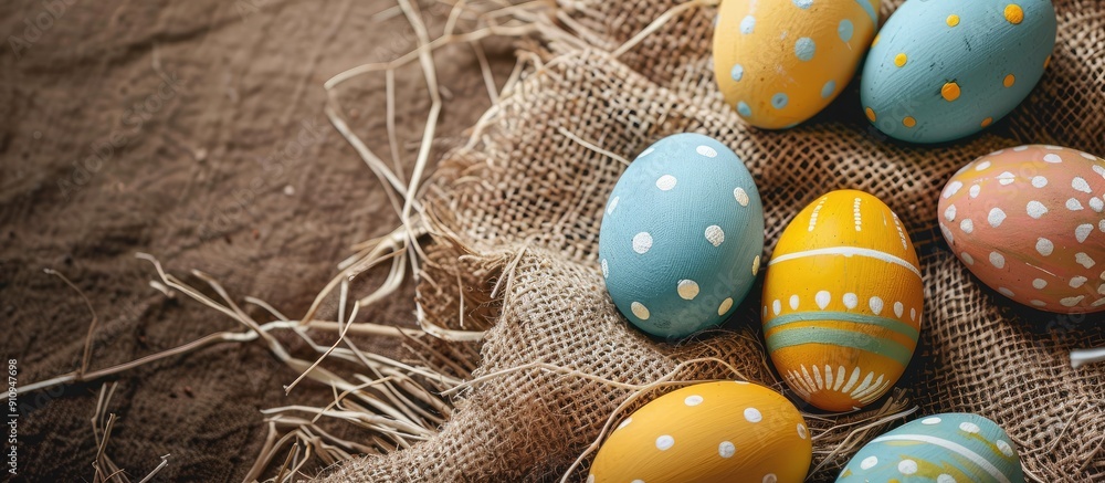 Leinwandbilder easter themed painted eggs creatively arranged on burlap and straw with a copy space image included