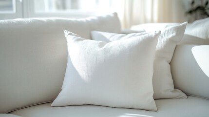 Blank white rectangular mockup textile pillow for sleeping in light interior. Home decor template