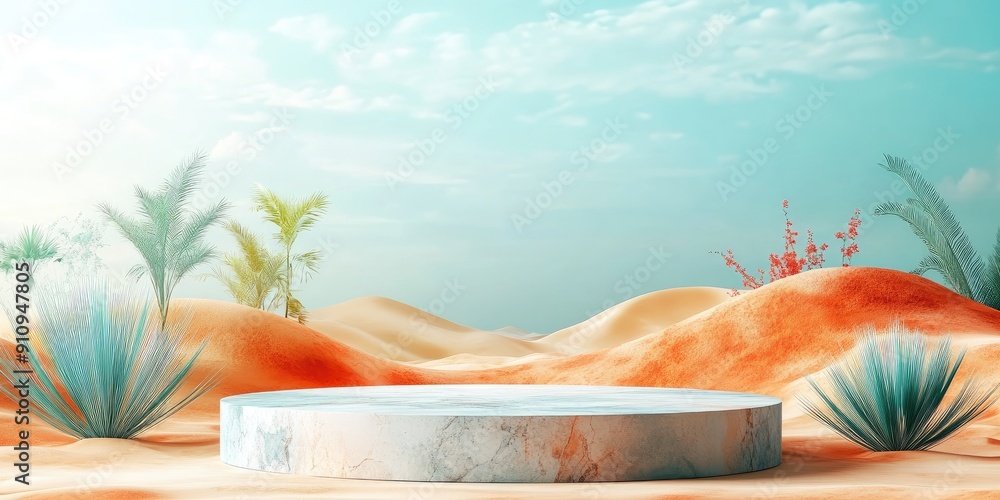 Poster Marble Platform in a Desert Landscape with Palm Trees and Flowers