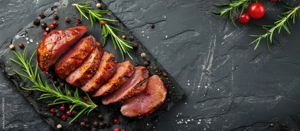 Aufkleber slices of pork spiced with blood for a lunchtime meal preparation with a copyspace image