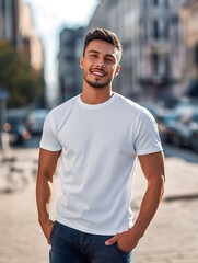 Fototapeta premium Man standing in blank cotton white t-shirt mockup against city street background. Lifestyle clothing template