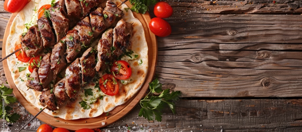 Aufkleber traditional turkish and arabic ramadan beef gyro kebab with melted cheese on a tortilla served on a 