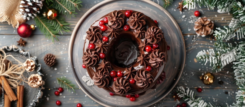 Aufkleber festive christmas cake with chocolate icing displayed on a gray wooden backdrop featuring holiday de