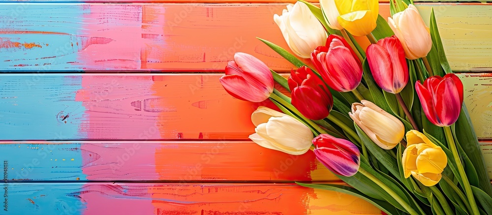 Poster Top down view of a vase with lovely tulips displayed on a colorful wooden table with copy space image