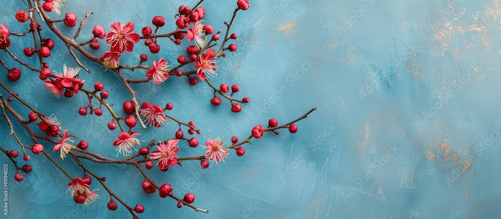 Aufkleber plum tree branches in bloom against a blue backdrop perfect for a holiday themed image with space fo