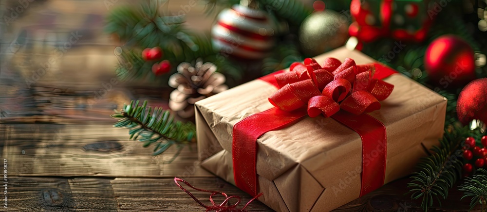 Poster festive photo of a bright christmas gift box wrapped in parchment paper with a red ribbon displayed 