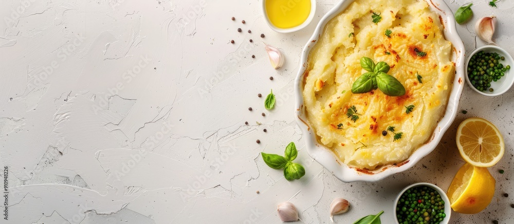 Aufkleber English fish pie displayed on a light background with available copy space image