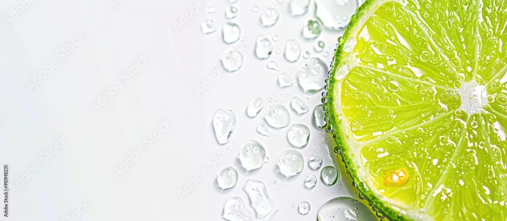 Poster lime slice with droplets of water on a white background providing ample copy space image
