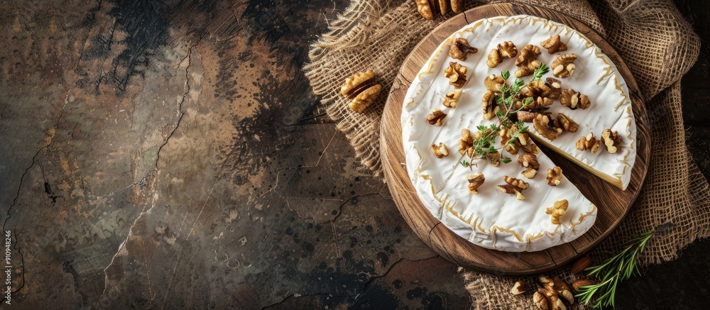 Poster Top view of sliced round Camembert cheese on a wooden board with nuts in rustic style and natural light with a vintage burlap napkin background featuring a copy space image