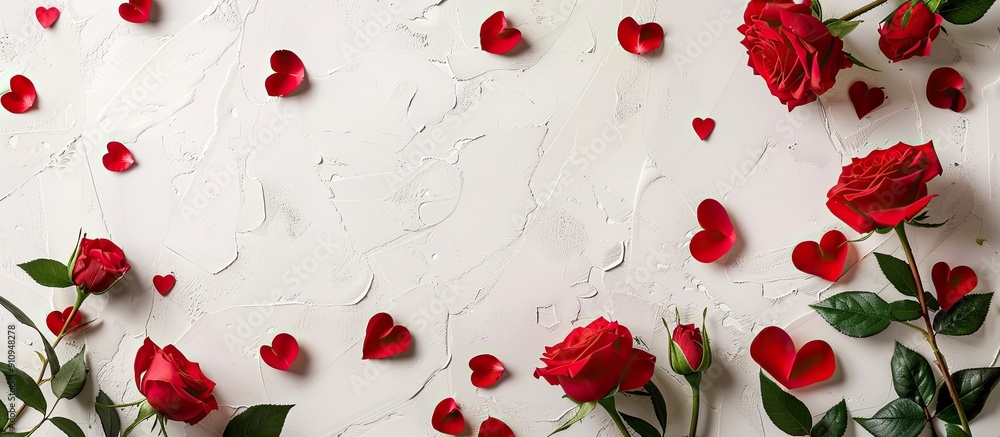 Poster A top down view of red roses and hearts on a white background with copy space image available