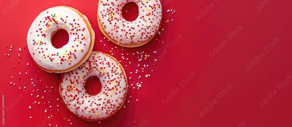 Poster Two delectable vanilla donuts with sprinkles on a vibrant red backdrop indulgent yet delightful treats Includes room for adding text or images Top down view. Creative banner. Copyspace image