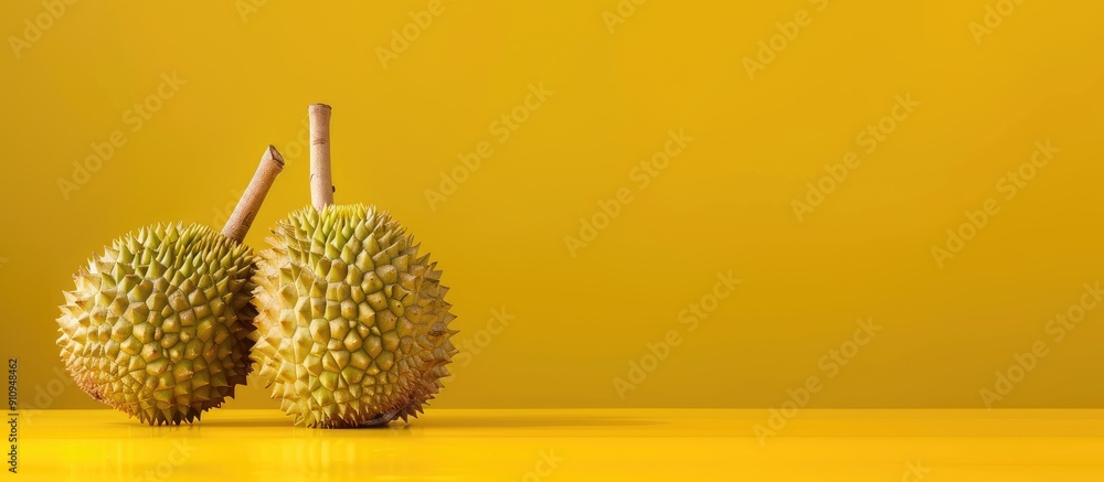 Aufkleber Durian fruit displayed on a yellow backdrop with copy space image