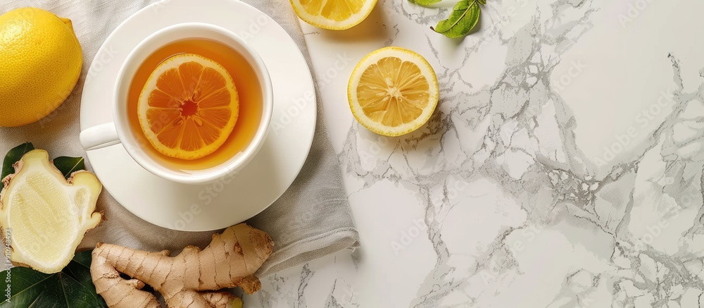 Poster Top view of tea with ginger and lemon on a light gray background offering copy space image