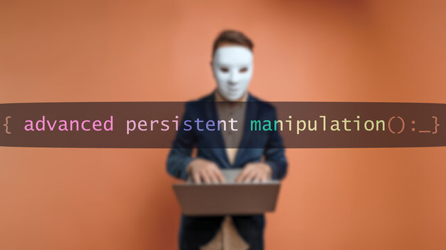 Cybersecurity concept advanced persistent manipulation on foreground screen, hacker silhouette hidden with low poly style mask. Vulnerability and attack on colored code editor. Text in English.