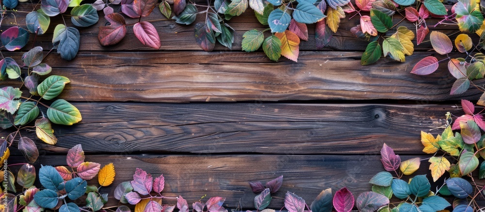 Poster weathered wooden backdrop adorned with vibrant multicolored leaves creating an eye catching copy spa