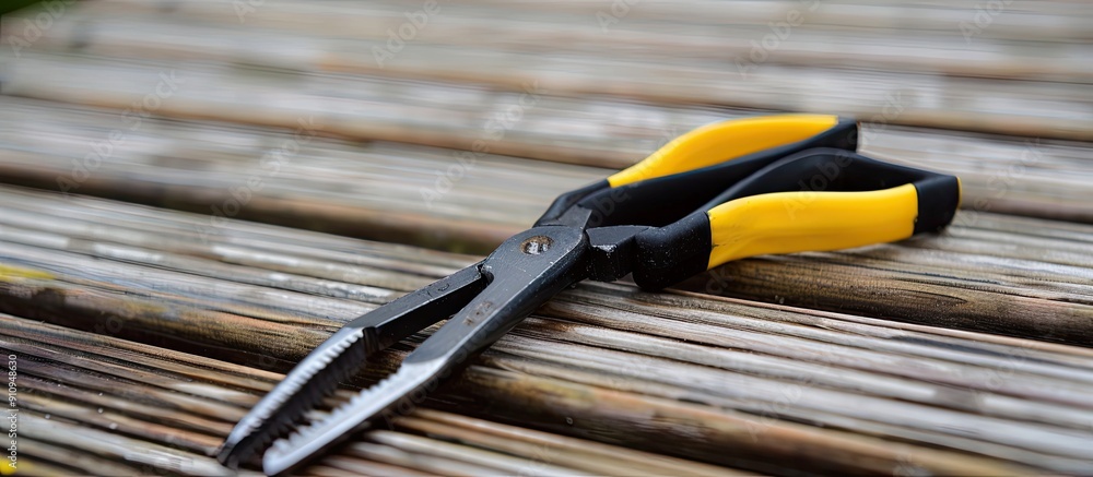 Poster a set of pliers with contrasting black and yellow handles resting on a wooden floor deck in a copy s