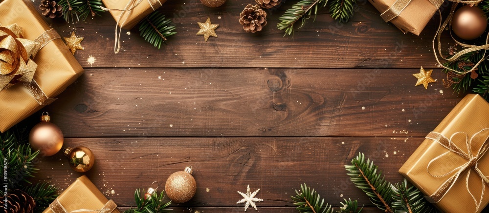 Poster Golden Christmas decorations with presents placed on a wooden surface creating a festive frame Top view of the scene with ample copy space image available
