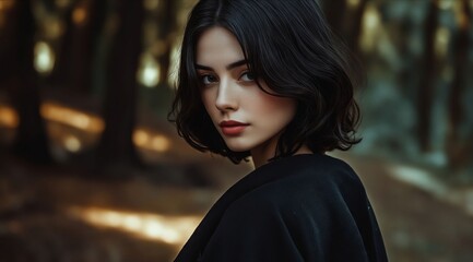 Obraz premium A woman in a black dress standing in the woods