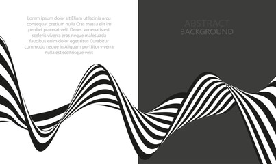 Abstract horizontal striped curved ribbon with black and white lines on dark gray and white background