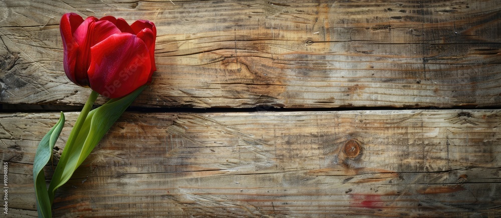 Poster Top view of a red tulip on a rustic wooden table with a clear area for additional content or imagery like a copy space image