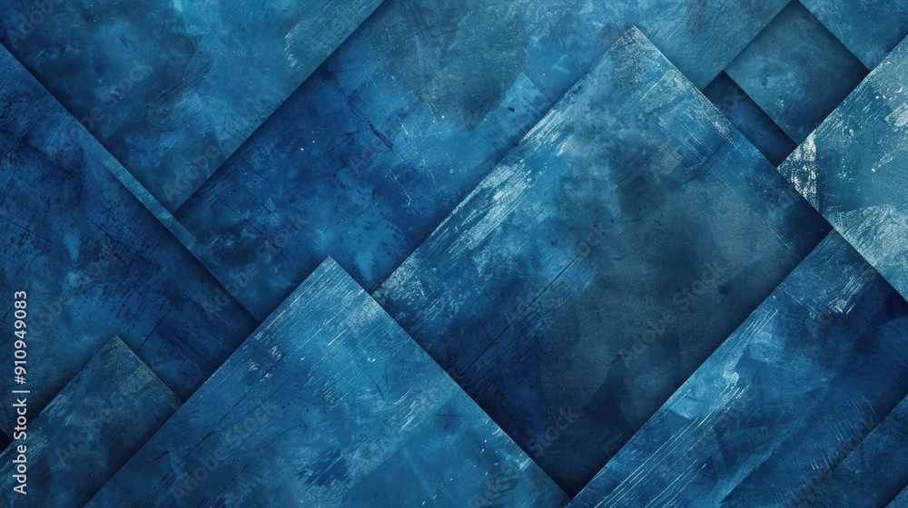 Poster abstract blue, neat symmetrical pattern, parallel tiles, light in the lower third right corner.