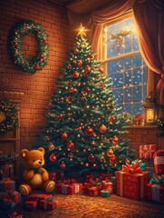 A teddy bear sits peacefully beneath a beautifully decorated Christmas tree, surrounded by presents and twinkling lights. The warm glow of the fireplace and the snowy scene outside