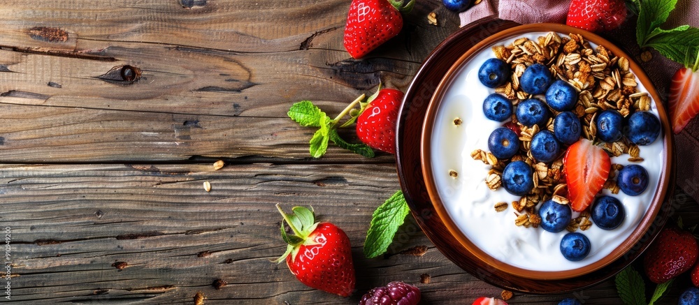 Poster A nutritious breakfast featuring granola yogurt blueberries and strawberries in a rustic setting with a wooden backdrop for a copy space image