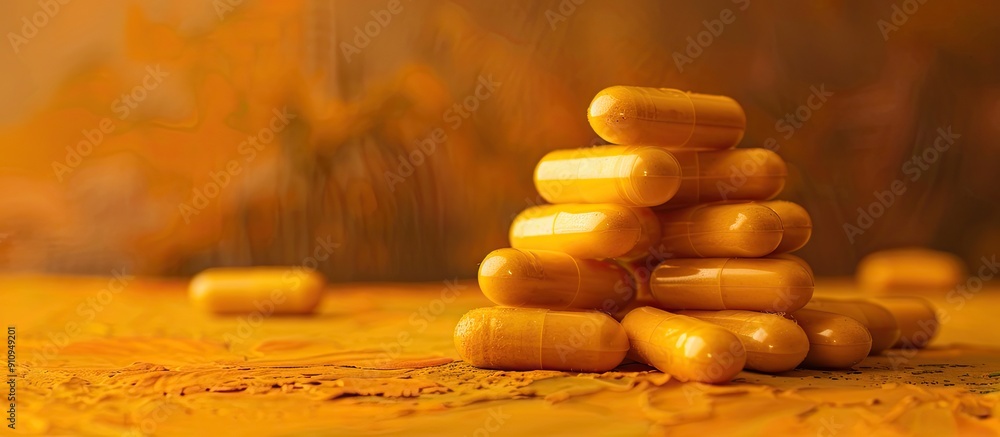 Poster turmeric herb pills displayed in a stack with room for copy in a medical and healthcare themed image
