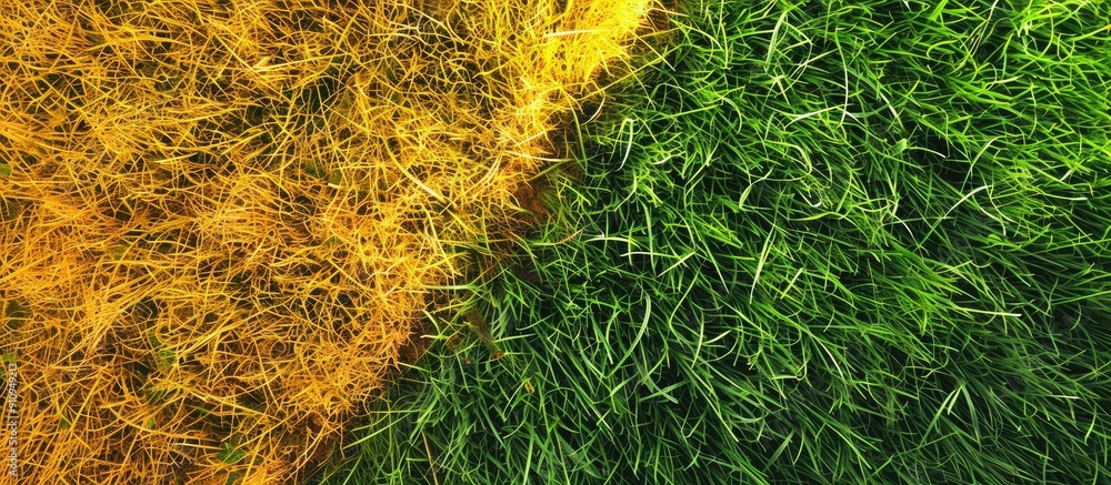 Poster mow the green and yellow grass in the yard featuring a background image with copy space