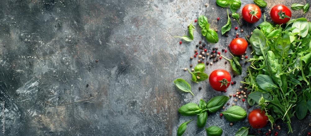 Poster fresh ingredients for healthy cooking or salads on a rustic background top view banner with copy spa