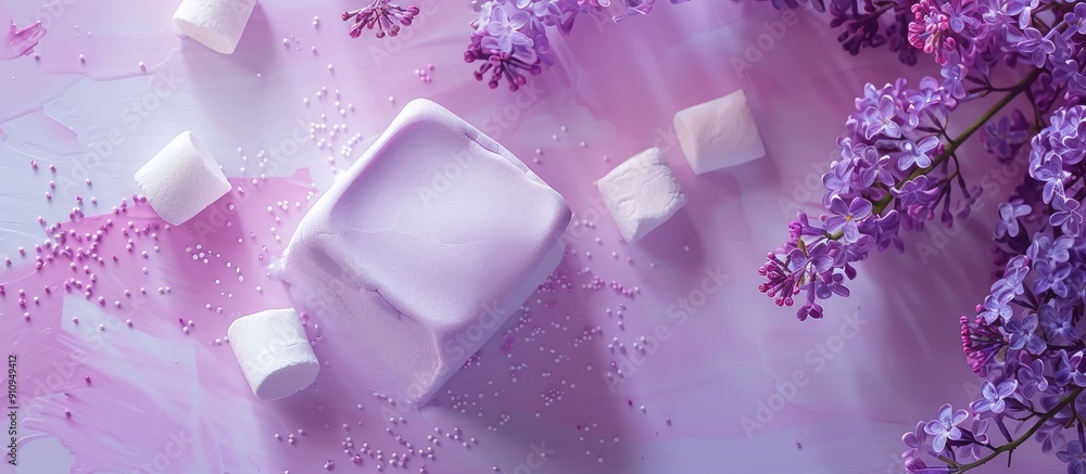 Aufkleber Top view of a homemade marshmallow in violet color set against a background of lilac flowers and zephyr ideal for copy space image