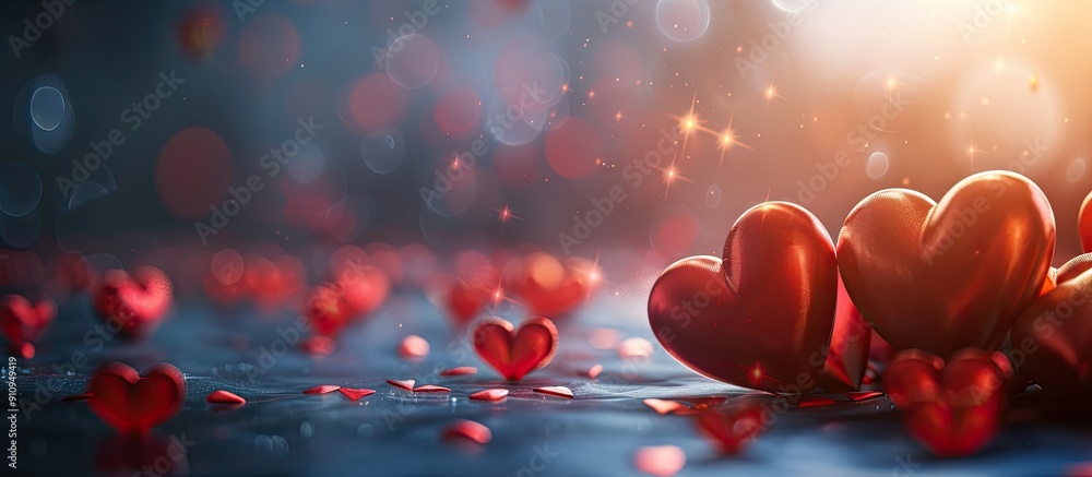 Poster red hearts on a dark background illuminated by sunlight with ample copy space for backgrounds