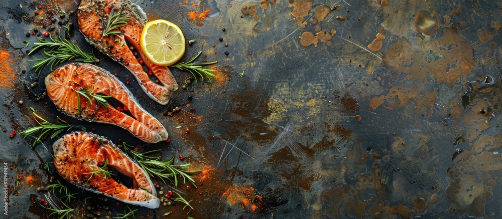 Aufkleber salmon steaks with herbs lemon rosemary and spices displayed on a rustic background with copy space 