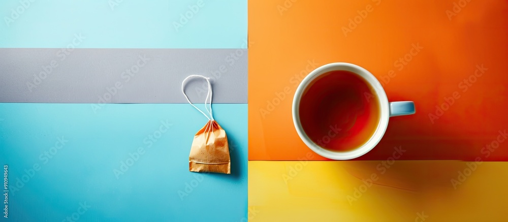 Poster tea bag on cup on a colored background with a copy space image