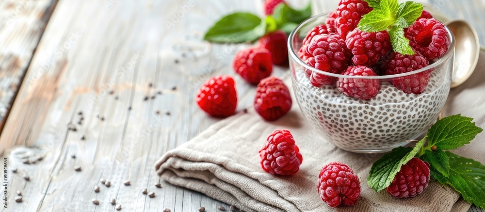 Poster healthy and nutritious chia pudding with raspberries displayed in a glass on a light wooden table fe