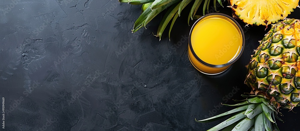 Poster top view copy space image of fresh pineapple juice in a glass with pineapple on black background