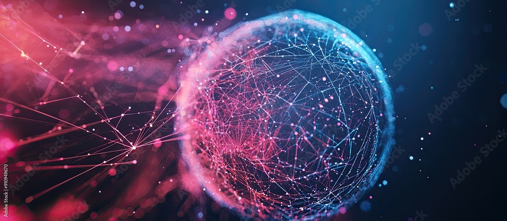 Poster Abstract technology background featuring a sphere of particles and lines in futuristic colors representing network connections and big data AI rendering