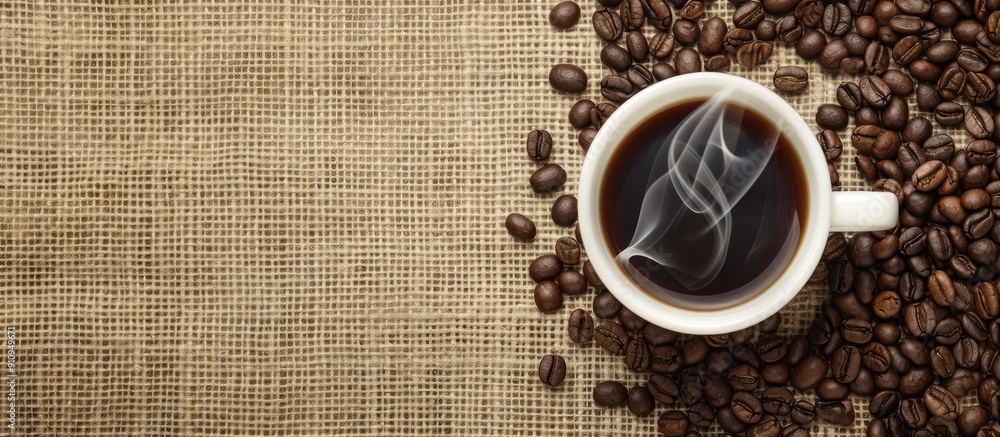 Fototapete top down shot of a steaming cup of coffee surrounded by coffee beans on a burlap background with spa