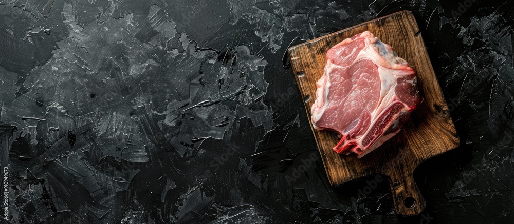 Aufkleber Copy space image of a raw pork knuckle or hoof on a cutting board with feet set against a black background in a top view