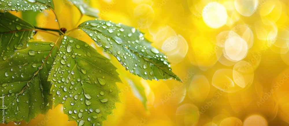 Aufkleber macro shot of green autumn leaves with dew drops on a blurred yellow backdrop emphasizing nature wit