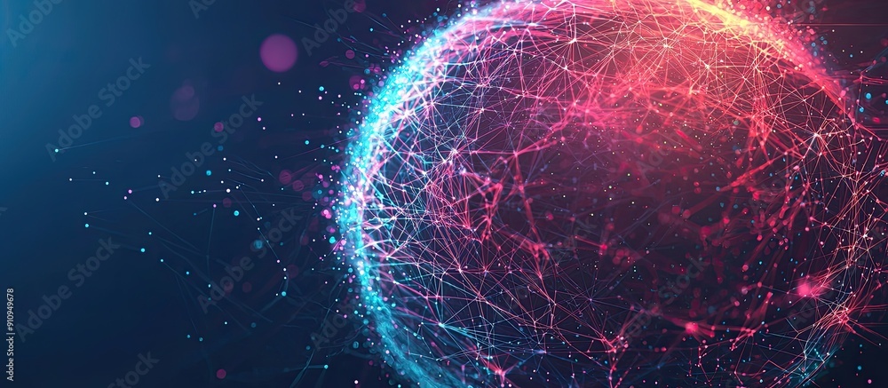 Poster Abstract technology background featuring a sphere of particles and lines in futuristic colors representing network connections and big data AI rendering