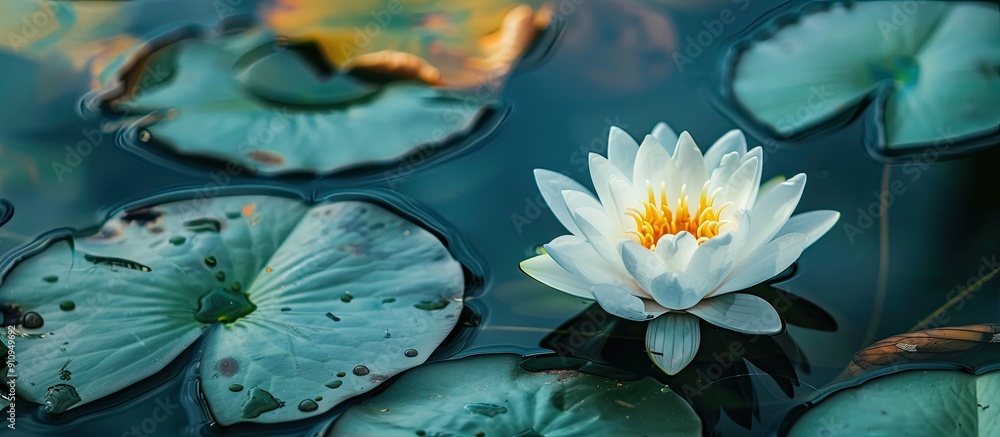 Poster white water lily floating peacefully in a pond with ample tranquil copy space image