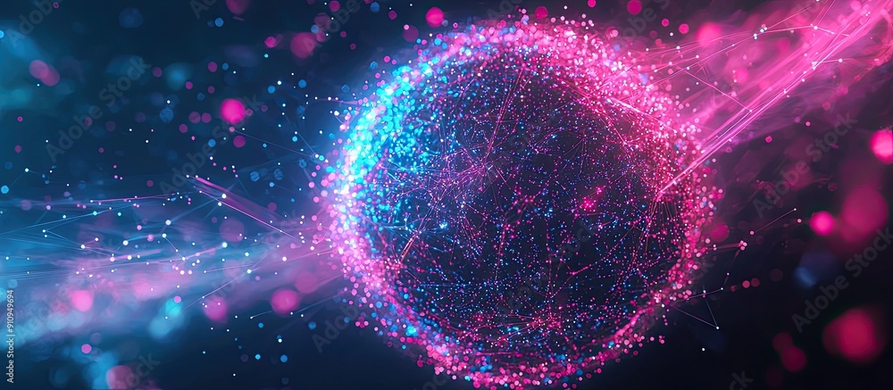 Poster Abstract technology background featuring a sphere of particles and lines in futuristic colors representing network connections and big data AI rendering
