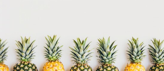 Fototapeta premium Fresh pineapples arranged in a neat stack with a white background perfect for a copy space image