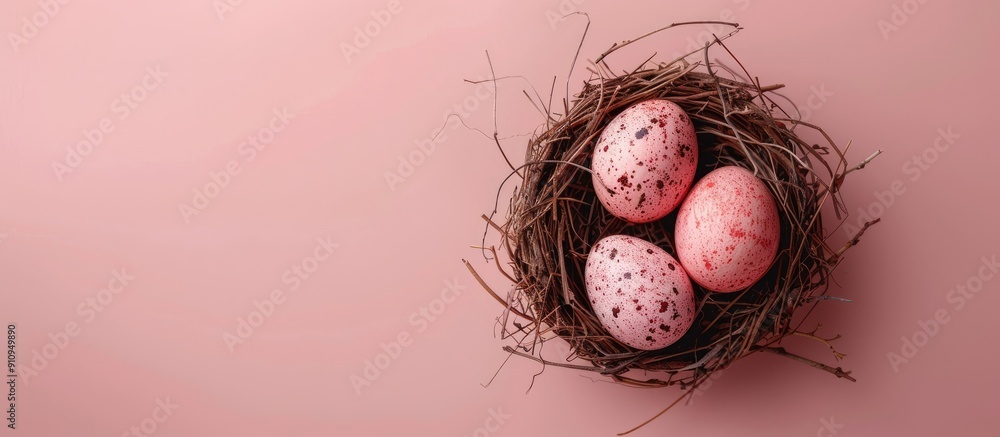 Poster easter egg nestled in a nest on a pink background with room for text creating an easter themed postc