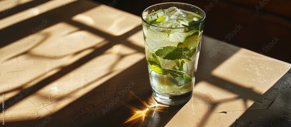 Poster A glass with a mojito drink and ice sits on a table casting a distinct shadow in the background perfect for a copy space image