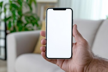 Close up of man sitting on couch holding smartphone with white screen